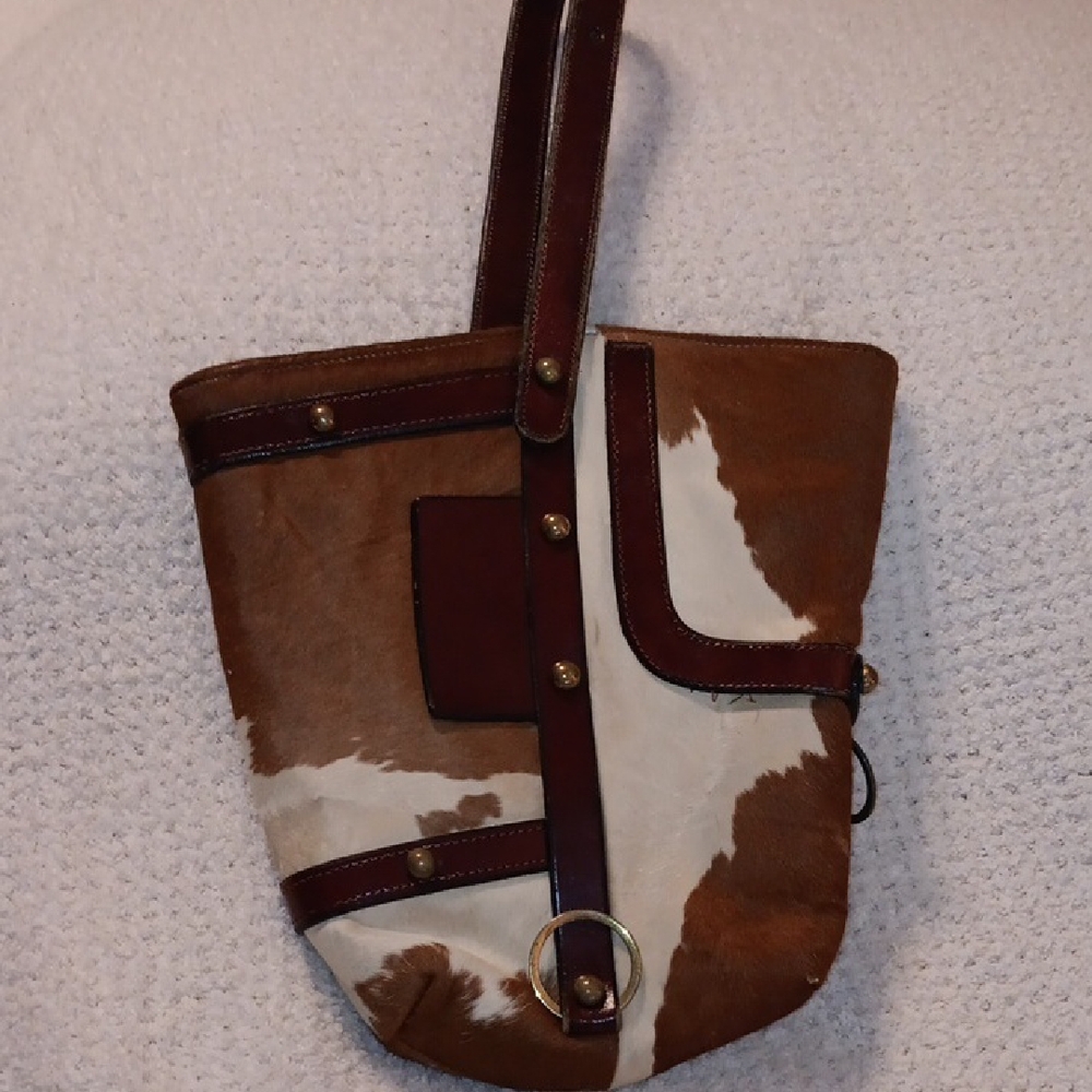 Brown and White Leather Tote Bag